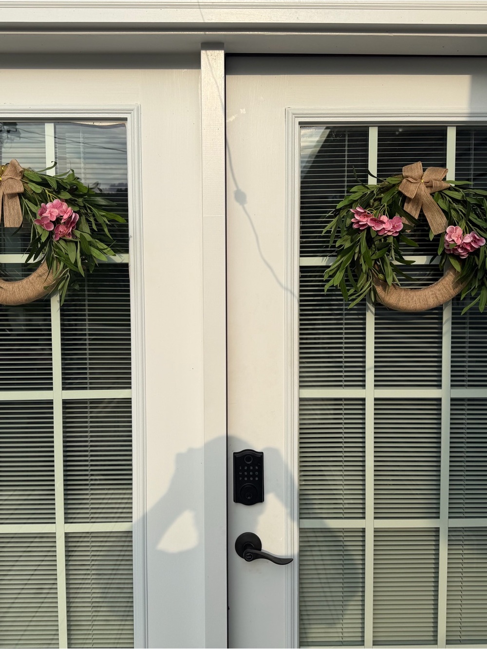 Pink Floral Burlap Wreath with Greenery and Bow